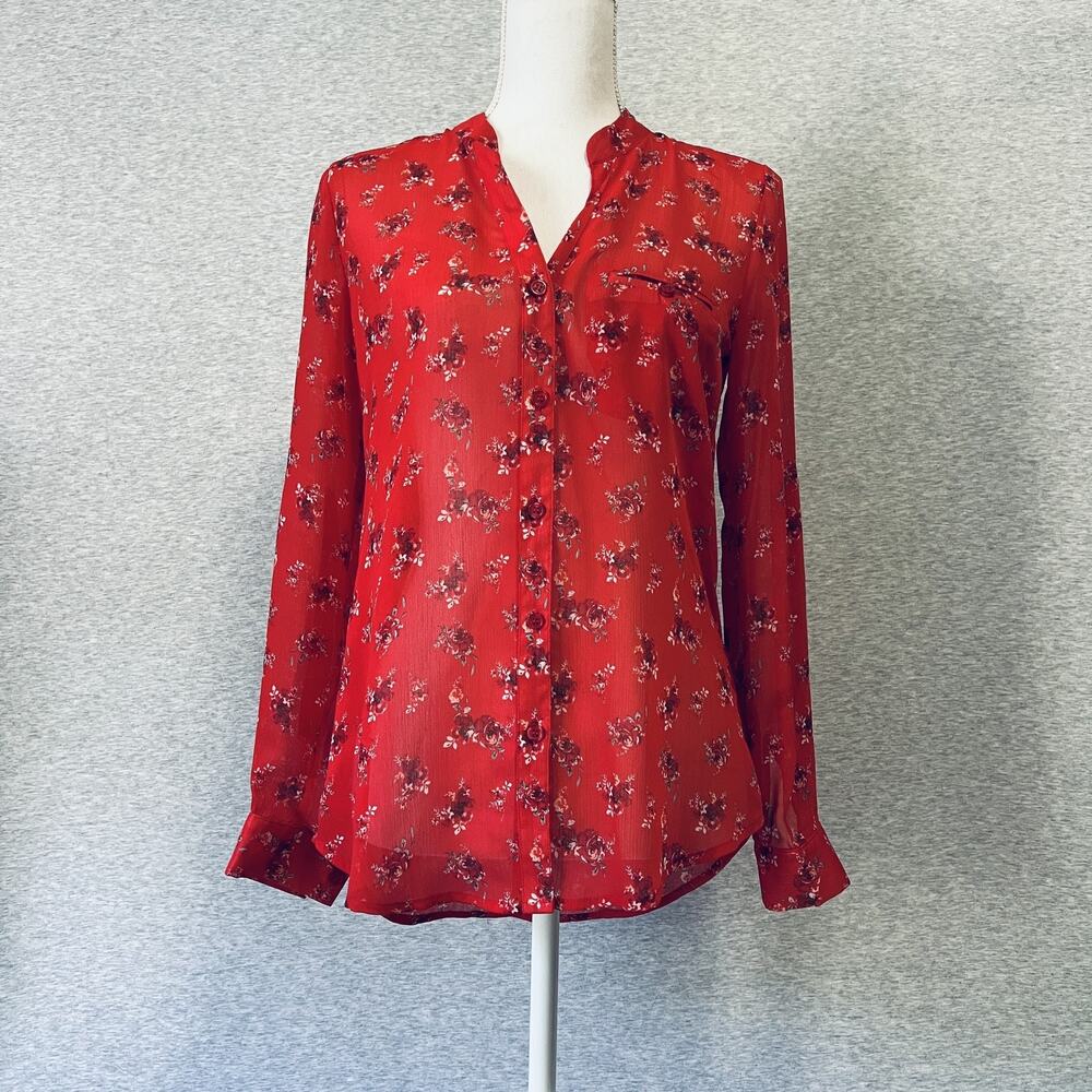 Kut From The Kloth Shirt Womens XS Red Floral Button Sheer Blouse Whimsigoth